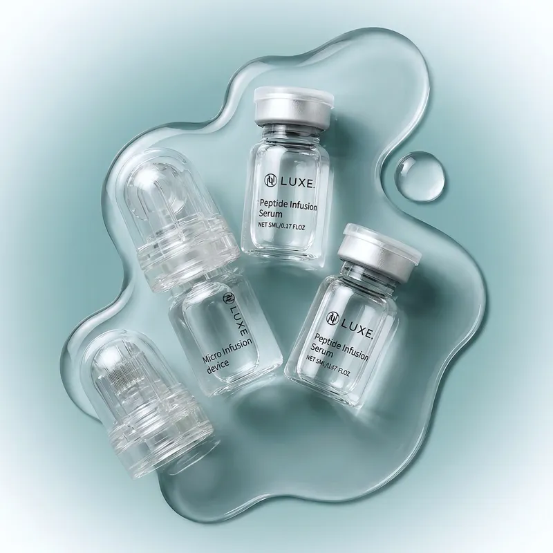 LUXE Micro-Infusion Kit contents - roller device and two peptide serum vials in water splash