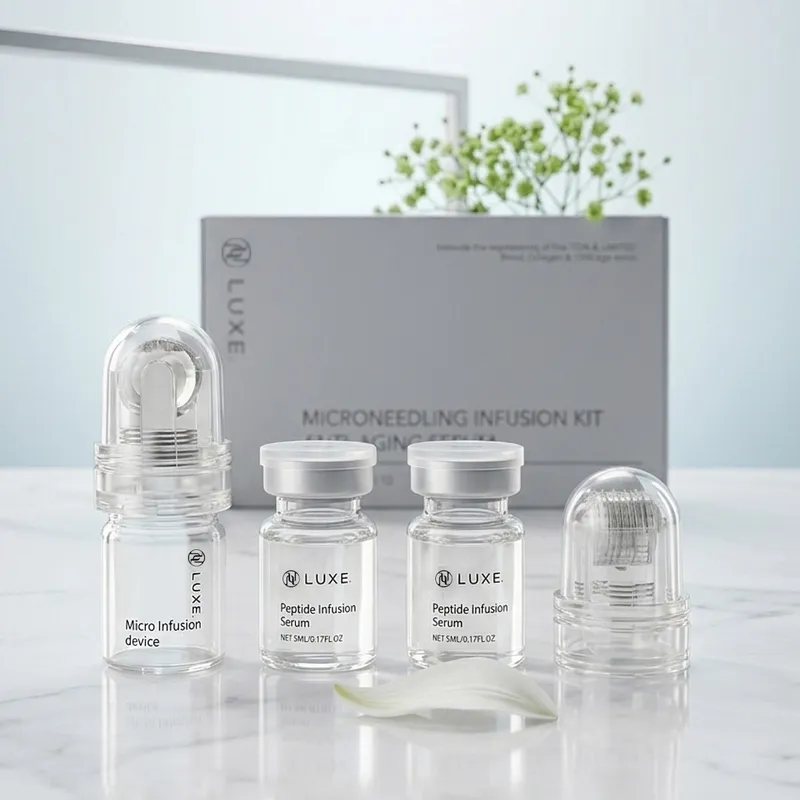 LUXE Micro-Infusion Kit with roller device, two peptide serum vials and needle heads on marble surface